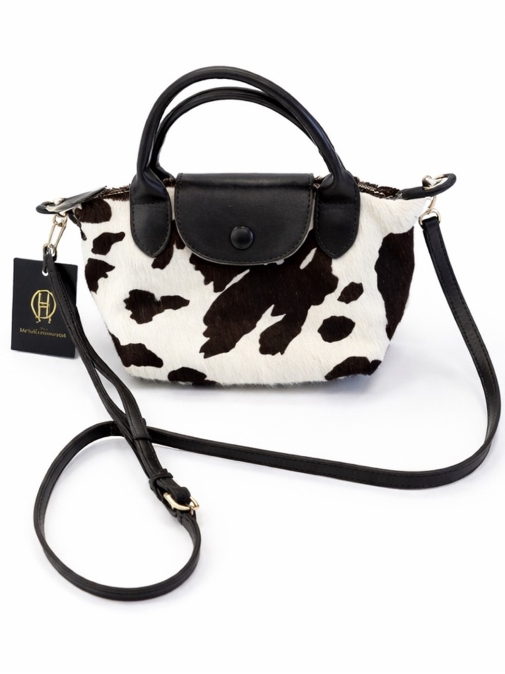 NWT House of Harlow 1960 Cow Print Genuine Calf Hair Leather Mini Top Handle Bag